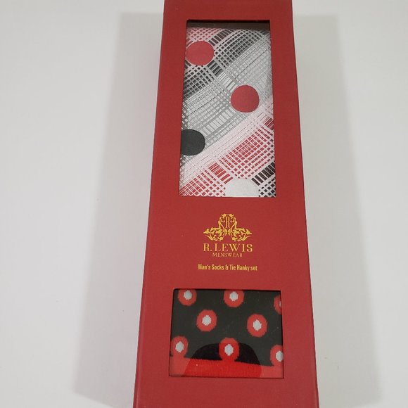 Robert Lewis Red Neck Tie Hanky Socks Box 3 Set - Picture 7 of 8